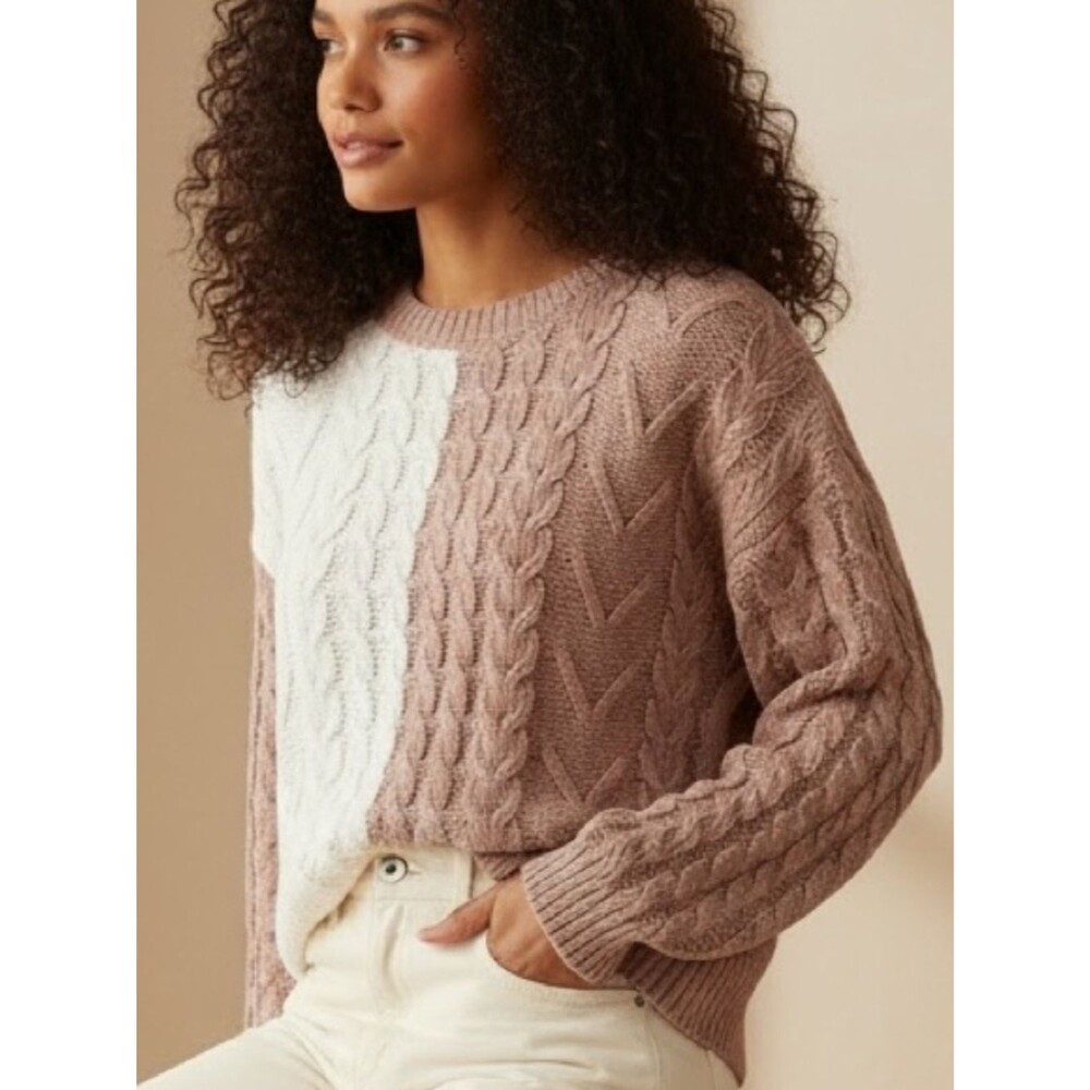 Soft & Cozy Boxy Chenille Two-Tone Cable Knit Sweater - Cream & Tan - size L